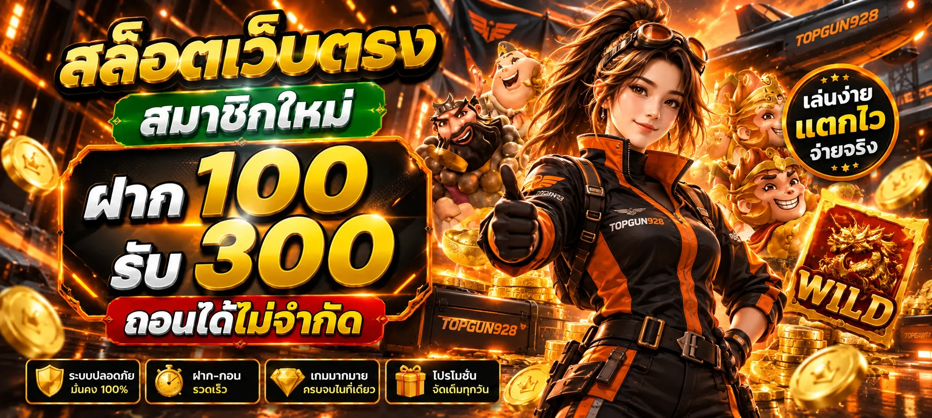แบนเนอร์สมัครสมาชิก TOPGUN928 โทนส้มดำพร้อมตัวละครเกม